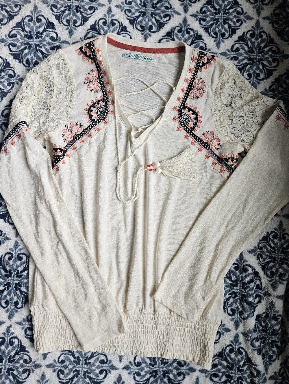 Maurices Cream Lace-Inset Long Sleeve Top with Coral & Navy Embroidery
